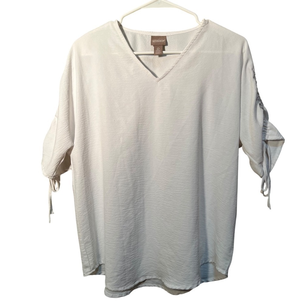 Chico's Women's Size 0 (Small/6) Blouse V-Neck White Cinched Sleeves Semi-Sheer